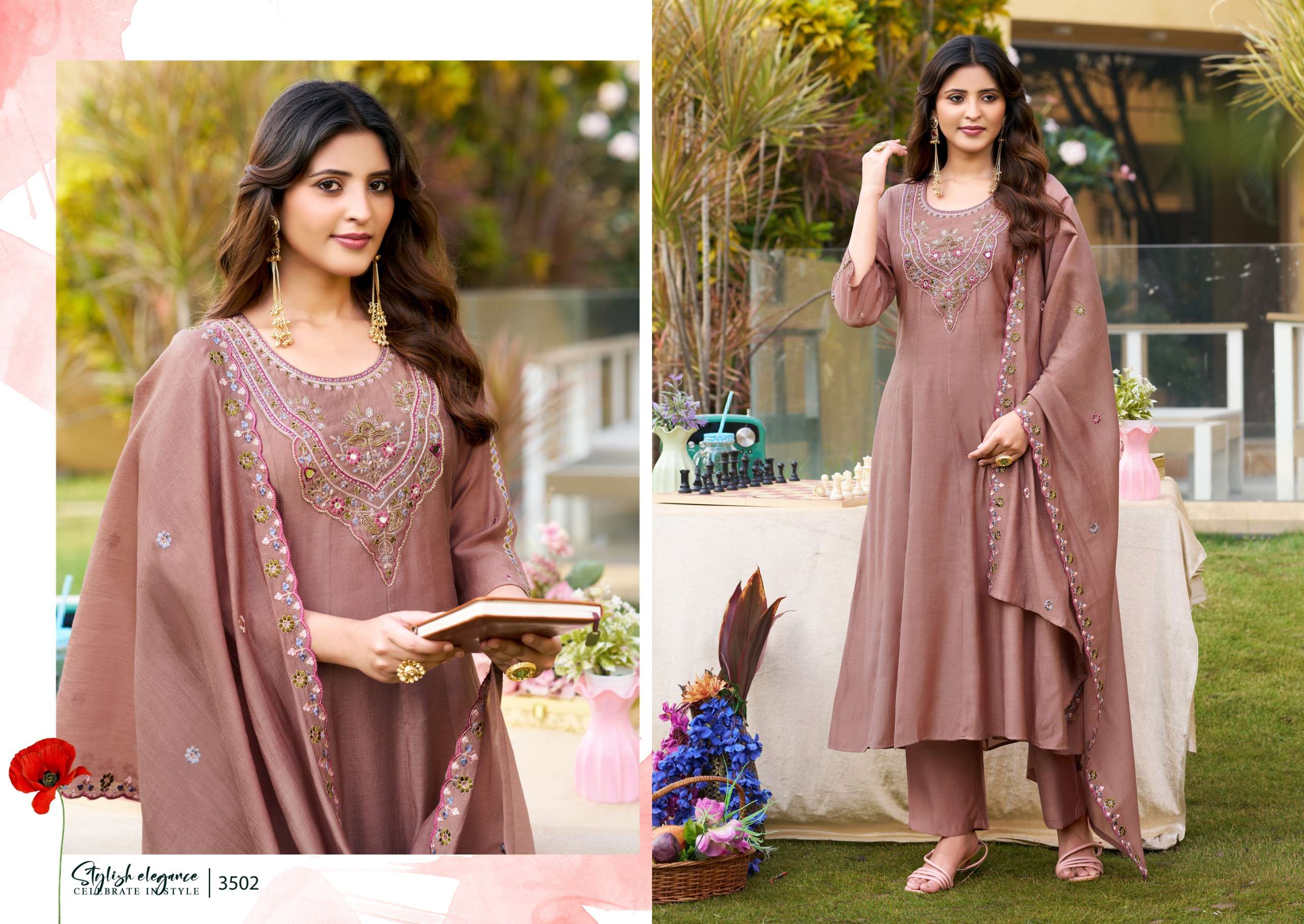 3501 TO 3503 CORAL FABRIC KURTI PALAZZO SUIT WEDDING SUIT TYPE ETHNIC SHOP